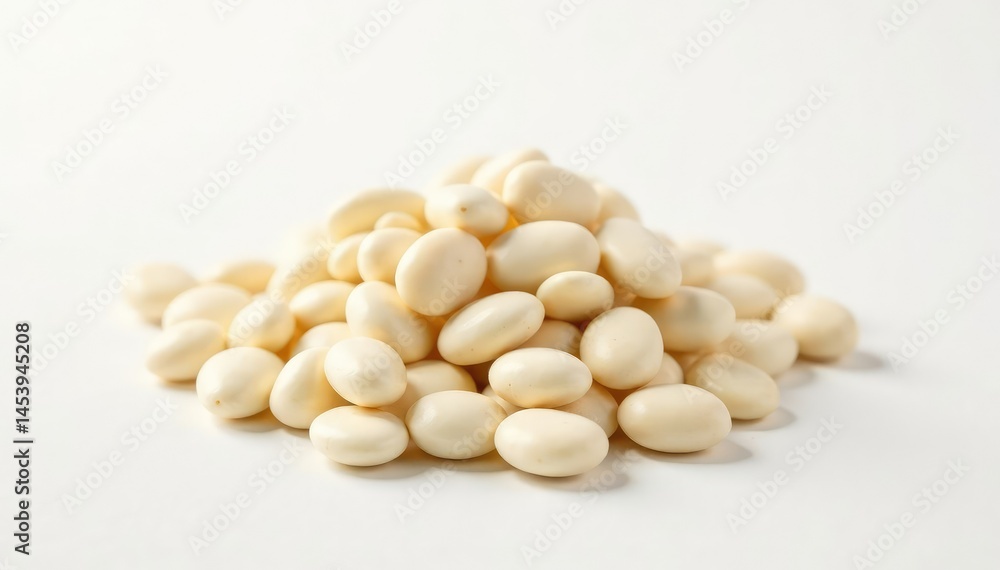Pile of white beans against pure white backdrop, clean, organic Pile of white beans against pure white backdrop, clean, organic