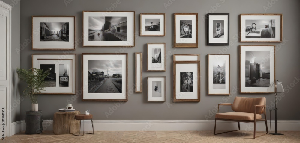 Fototapeta premium Chic gallery wall; varying frame styles and textures, subtle shadows , minimal, neutral wall, gallery wall