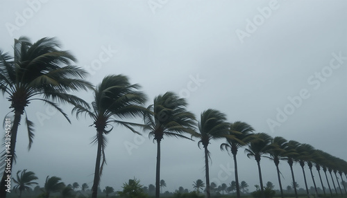 Tall palm trees swaying in strong winds during stormy weather. Dramatic motion of bent palm fronds in overcast sky. Dynamic composition of windblown tropical trees.