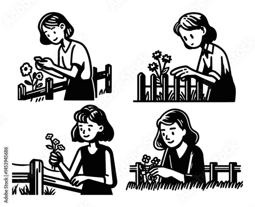 Hand-Drawn Illustration of Women Gardening in Line Art Style