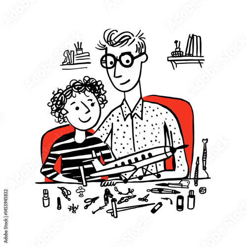 Hand-Drawn Illustration of Parent and Child Engaged in Craft Activity