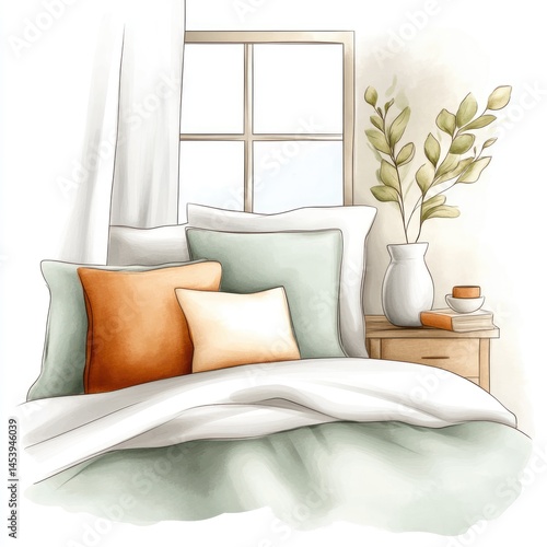 Warm sunlight falling on a comfortable bed in a contemporary bedroom, with a white background in watercolor style.