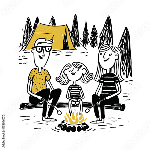 Hand Drawn Family Camping by Campfire in Nature Doodle Illustration