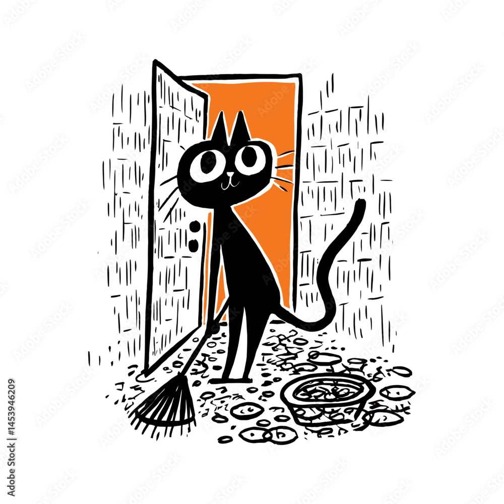 Obraz premium Hand-Drawn Doodle of Cat with Broom at Open Door Illustration
