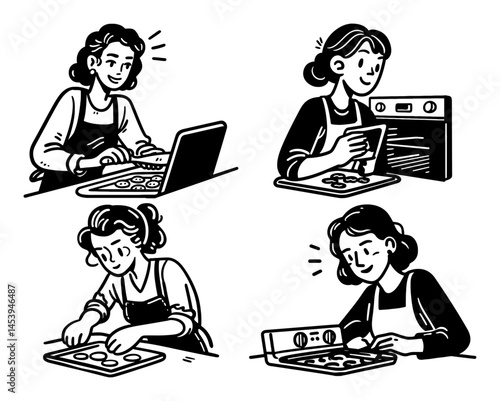 Hand Drawn Line Art of Woman Baking Cookies in Four Illustrations