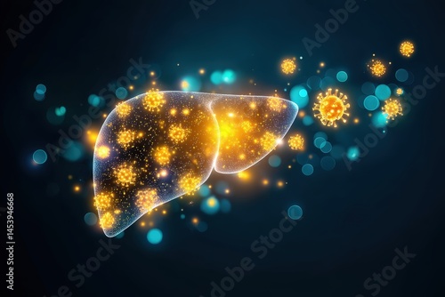 Liver icon glowing and virus particles dissolving,