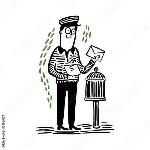 Hand-Drawn Doodle of Postman with Letters and Mailbox Illustration