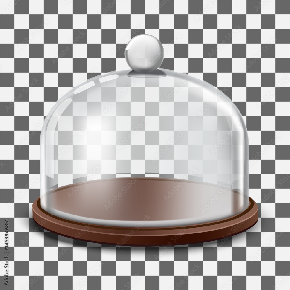 Cake stand with spherical glass cover dome isolated on transparent background. 3d realistic litchenware for dessert, template mockup. Vector illustration