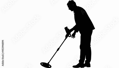 Silhouette of a man searching with a metal detector, exploration journey