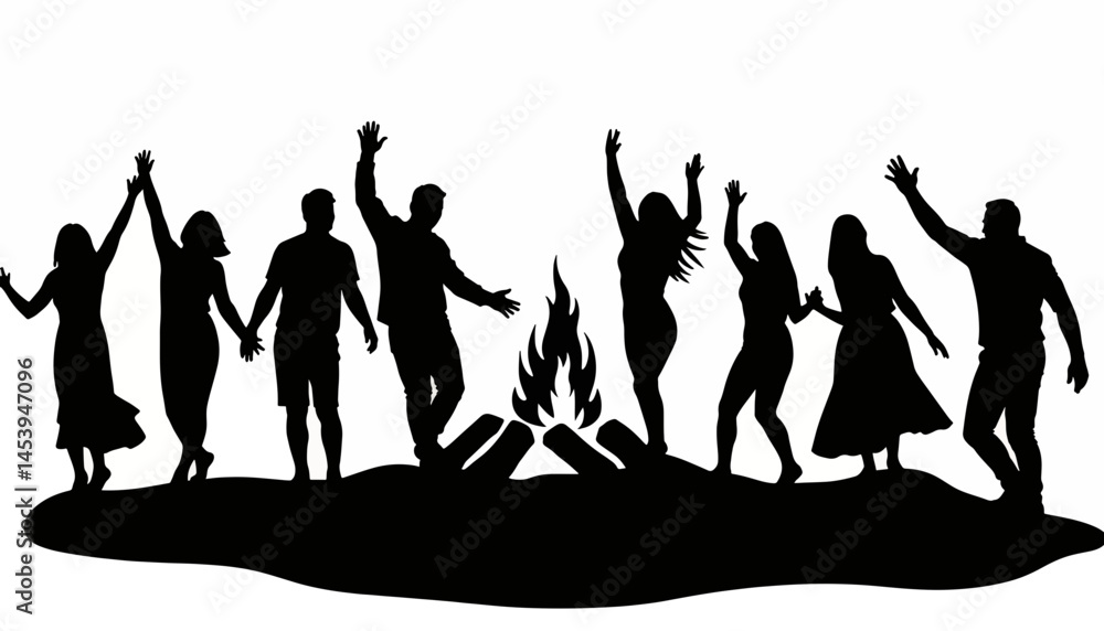 Obraz premium Joyful celebration around bonfire silhouette, togetherness and fun
