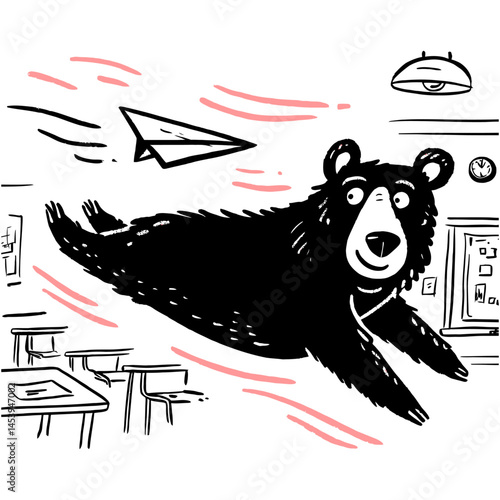 Hand-Drawn Doodle of a Bear in a Classroom with Paper Airplane