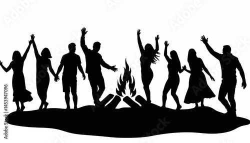 Joyful celebration around bonfire silhouette, togetherness and fun