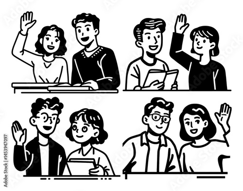 Hand Drawn Illustration of People Waving and Engaging Together