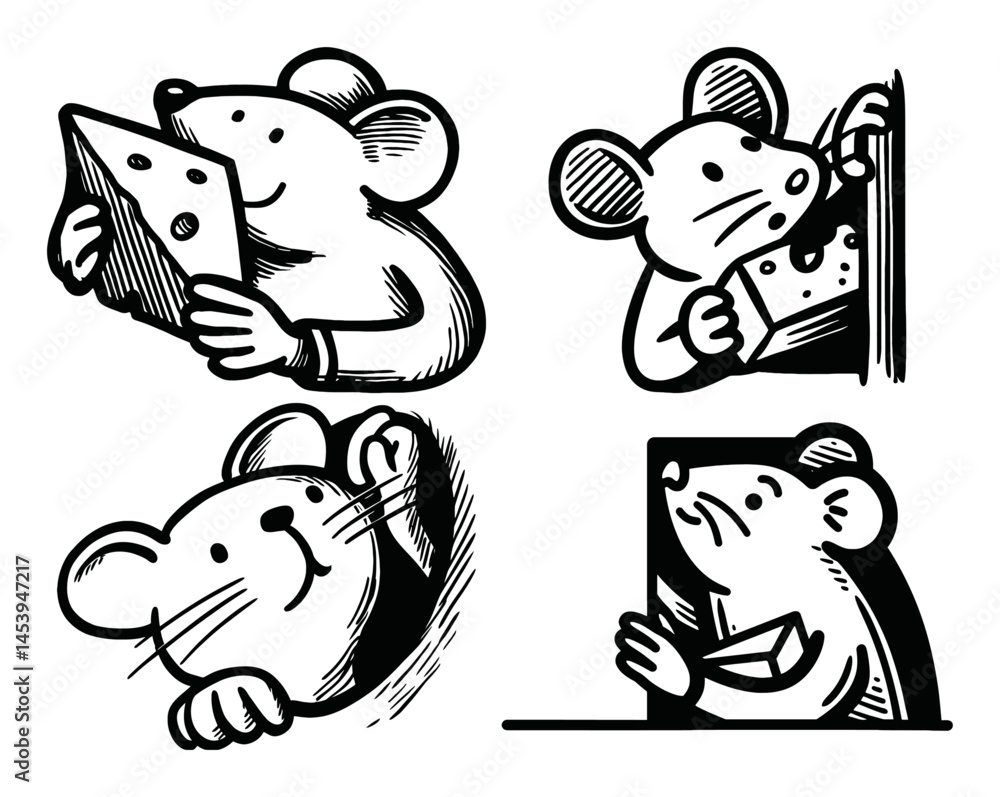 Obraz premium Hand-Drawn Cartoon Mouse Characters in Playful Scenarios