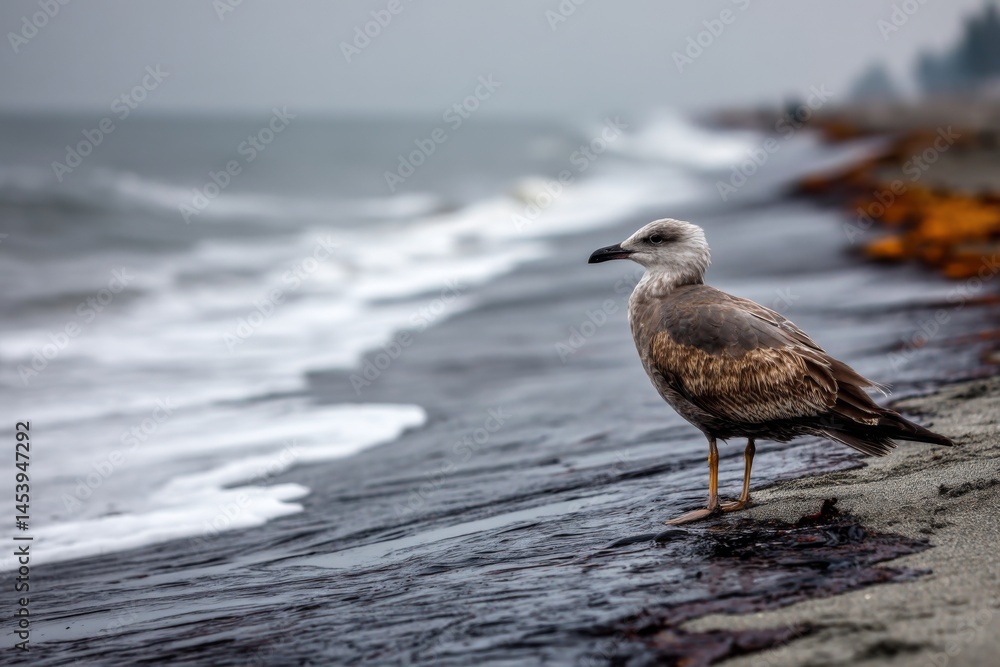 Obraz premium Seagull perched on sandy coast with ocean waves in background under overcast sky near vegetation