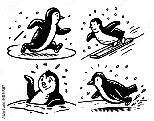 Playful Penguins in Hand-Drawn Style Featuring Various Winter Activities