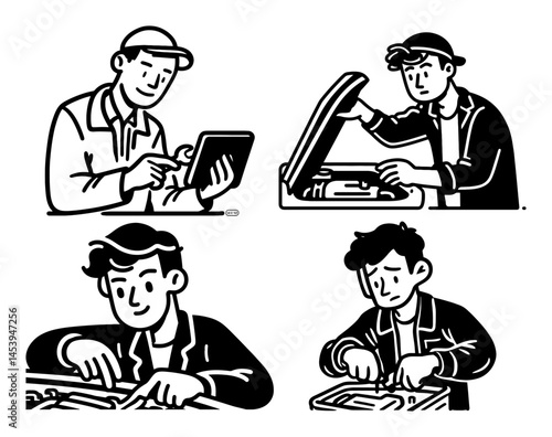 Hand Drawn Line Art Illustrations of People Engaged in Various Tasks