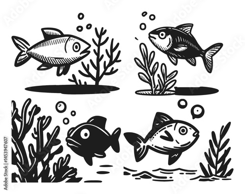 Hand Drawn Lineart Illustration of Fish and Underwater Plants