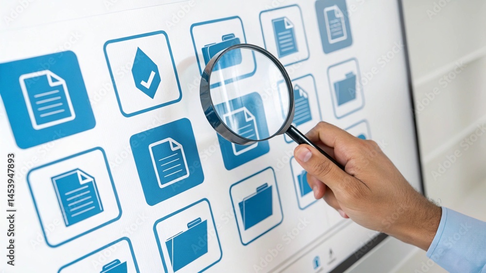 Searching business documents and files in document management system DMS storage. Businessman magnifying file icon Searching business documents and files in document management system DMS storage. Businessman magnifying file icon