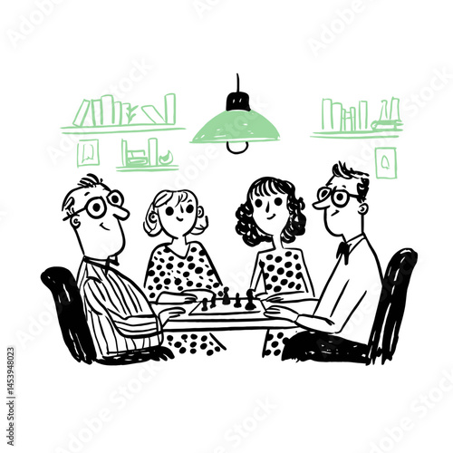 Hand-Drawn Illustration of Friends Playing Chess in a Cozy Setting
