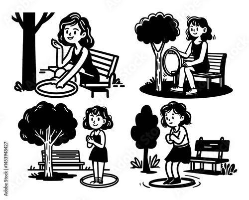 Hand-Drawn Illustration of Girls Engaging with Nature and Playtime