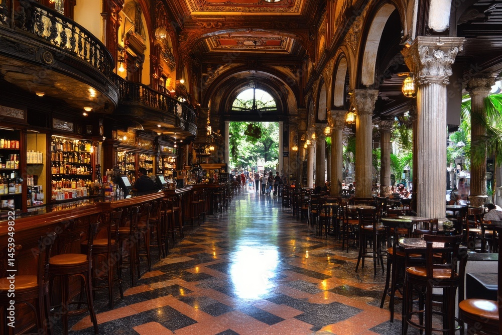 Fototapeta premium Ornate building interior featuring bar, tables, columns, and patterned floor