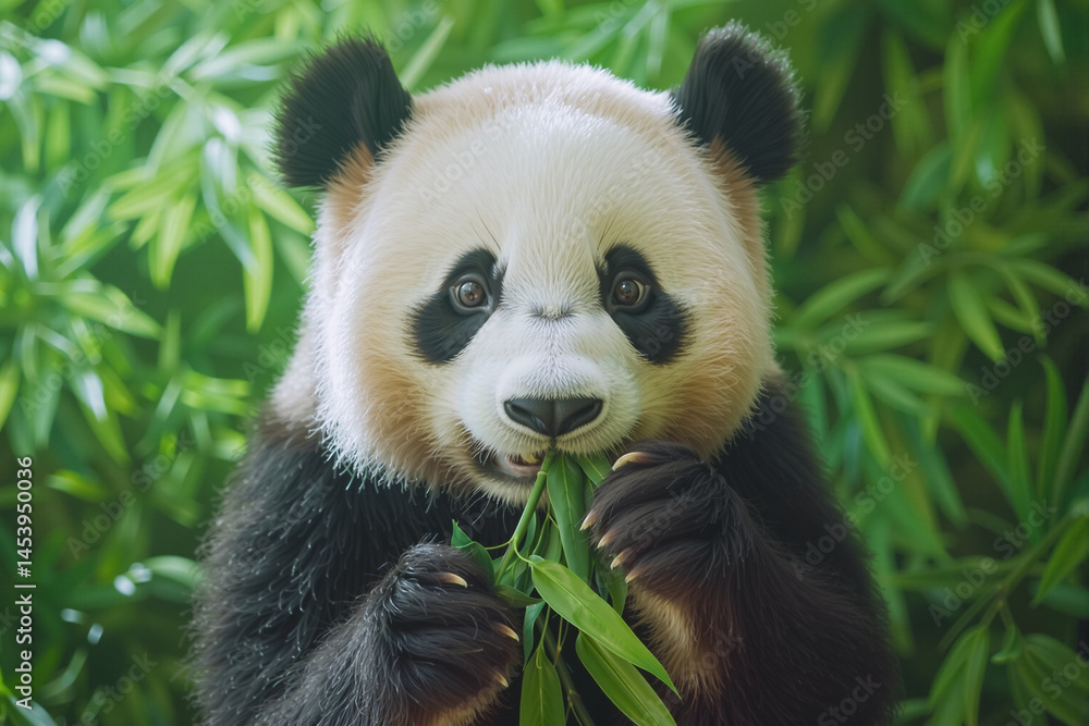 Cute panda cub eating bamboo in lush green forest Cute panda cub eating bamboo in lush green forest