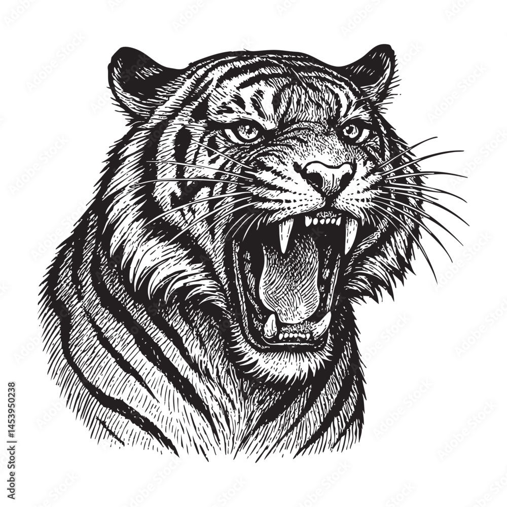 Obraz premium roar tiger woodcut engraving vector illustration