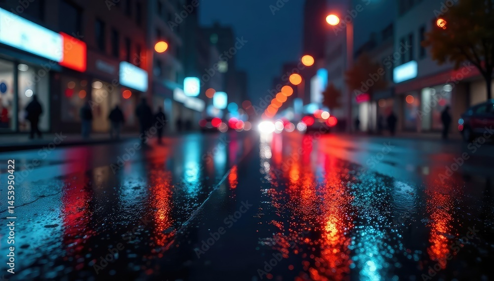 Abstract late-night city lights reflecting on wet pavement, background, asphalt Abstract late-night city lights reflecting on wet pavement, background, asphalt
