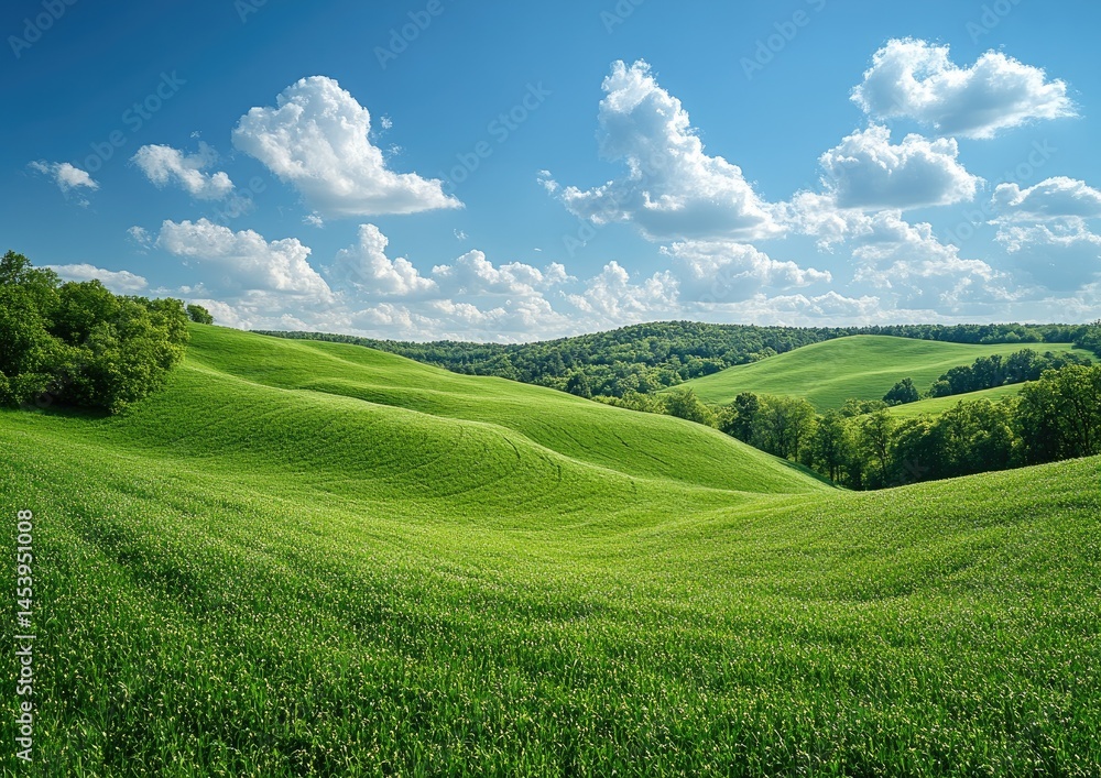 Naklejka premium Lush rolling hills under a vibrant summer sky.