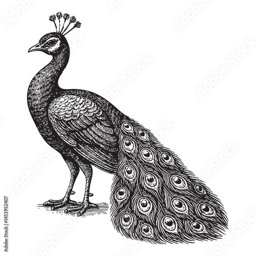 peacock woodcut engraving vector illustration