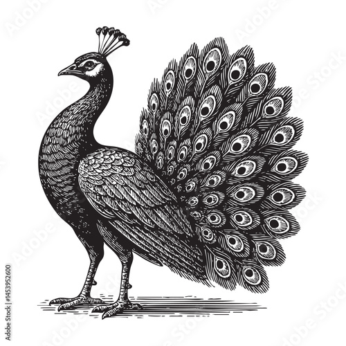 peacock woodcut engraving vector illustration