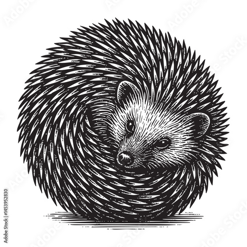 hedgehog curled into a ball raccoon woodcut engraving vector illustration