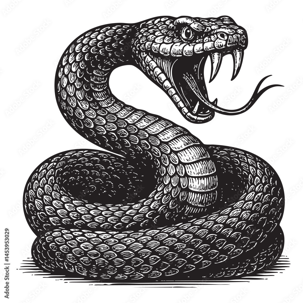 Fototapeta premium coiled snake woodcut engraving vector illustration