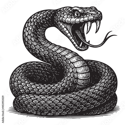 coiled snake woodcut engraving vector illustration