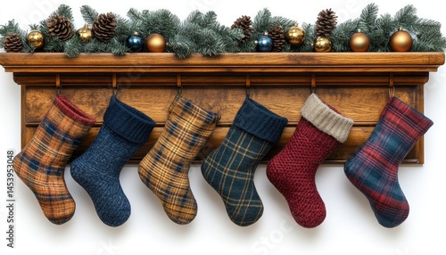 Christmas stockings adorn a wooden mantle