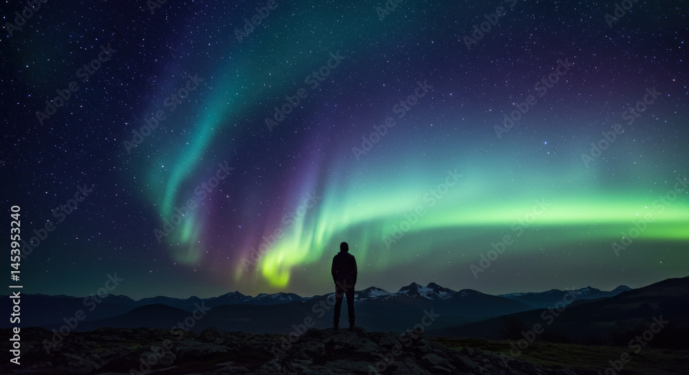 Fototapeta premium Man admires vibrant aurora borealis over mountain range. Night sky filled with colorful swirls of green, blue, and purple lights creates a scenic view.
