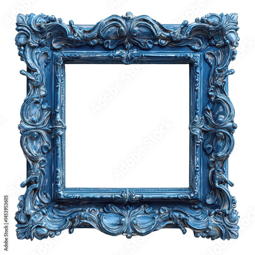 Blue ornate picture frame isolated on white png detailed picture frame png antique blue frame png carved photo holder png transparent background image