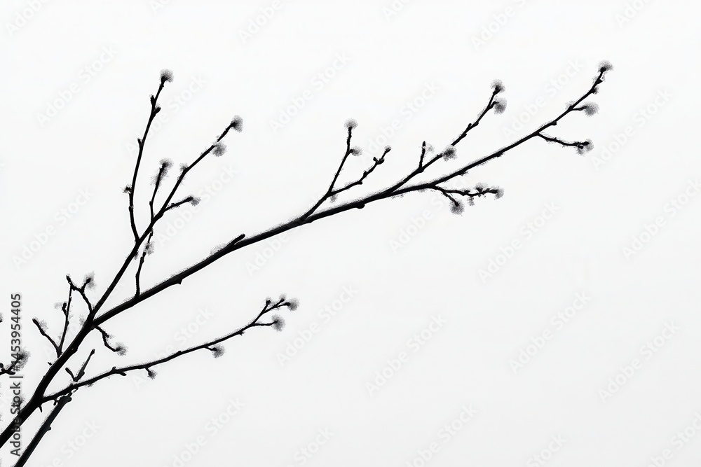 Obraz premium Silhouette of a bare branch with budding flowers against a soft gray sky, symbolizing spring