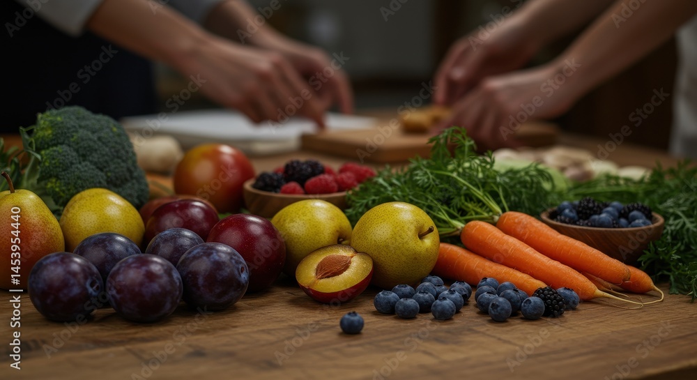 Assortment of fresh fruits and vegetables on a wooden table. Plums, pears, carrots, broccoli, and berries create a colorful, healthy display. Assortment of fresh fruits and vegetables on a wooden table. Plums, pears, carrots, broccoli, and berries create a colorful, healthy display.