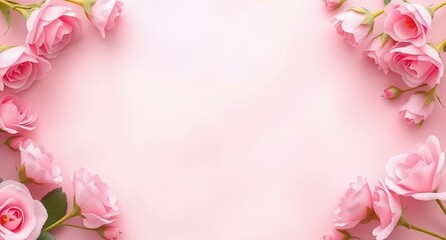 Elegant Pink Rose Frame on a Soft Pink Background, Romantic Floral Border, Wedding Invitation or Greeting Card Design Element
