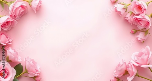 Elegant Pink Rose Frame on a Soft Pink Background, Romantic Floral Border, Wedding Invitation or Greeting Card Design Element