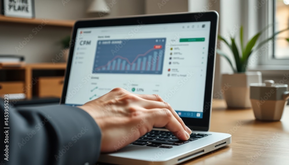 Data Analytics on Laptop Screen with Hand Typing on Keyboard in Modern Workplace, Chart Data Showing Increasing Statistics Data Analytics on Laptop Screen with Hand Typing on Keyboard in Modern Workplace, Chart Data Showing Increasing Statistics