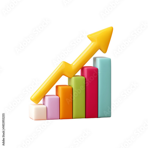 A colorful bar graph with an upward arrow representing growth and progress in data or financial metrics.