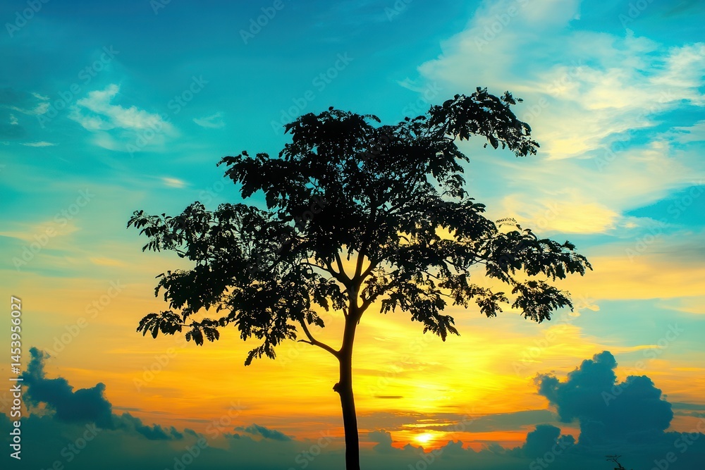 Fototapeta premium Silhouette of a solitary tree against a vibrant sunset sky with colorful clouds