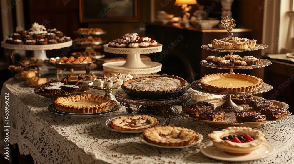 Exquisite Display of Artisan Desserts and Pies at a Cozy Gathering in a Warmly Decorated Room Exquisite Display of Artisan Desserts and Pies at a Cozy Gathering in a Warmly Decorated Room