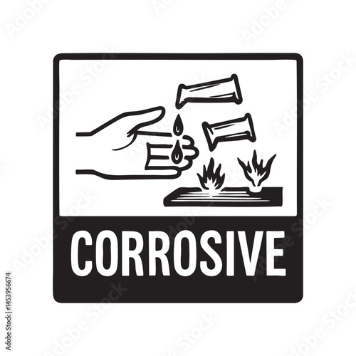 corrosive chemical warning sign woodcut engraving vector illustration