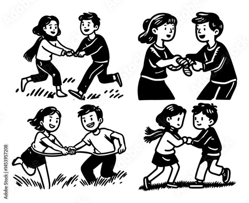 Hand-drawn Lineart Illustration of Children Playing with a Rope