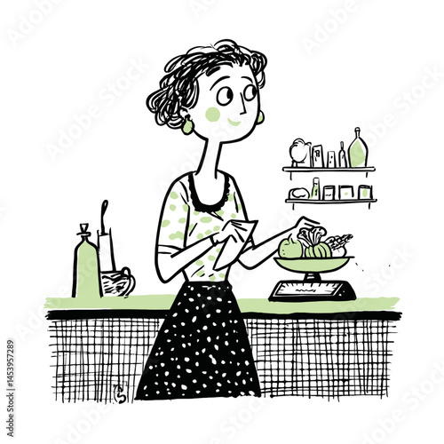 Hand-Drawn Doodle of a Woman in Kitchen with Groceries and Scale