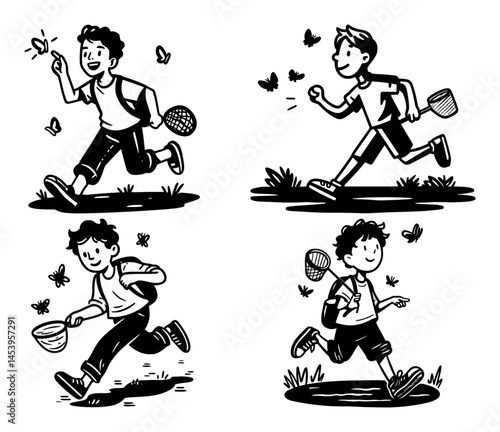 Black and White Hand-Drawn Illustration of Children Catching Butterflies